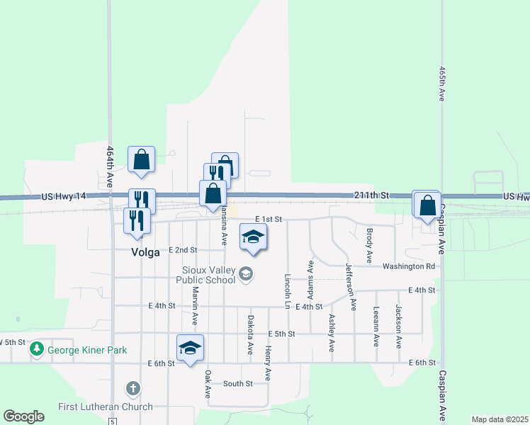 map of restaurants, bars, coffee shops, grocery stores, and more near 411 East 1st Street in Volga