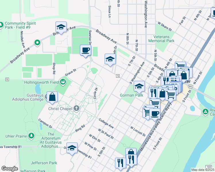 map of restaurants, bars, coffee shops, grocery stores, and more near 543 Capitol Drive in Saint Peter