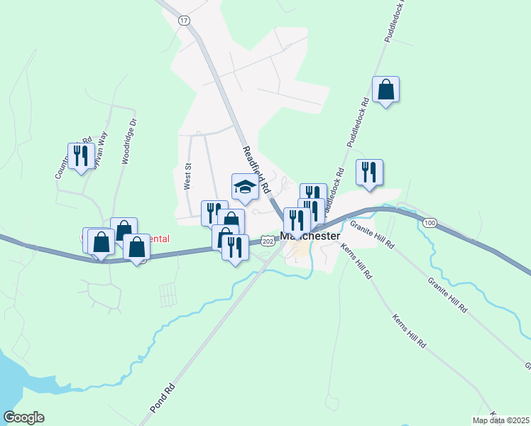 map of restaurants, bars, coffee shops, grocery stores, and more near School Street in Manchester