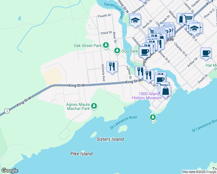 map of restaurants, bars, coffee shops, grocery stores, and more near 279 King Street West in Gananoque