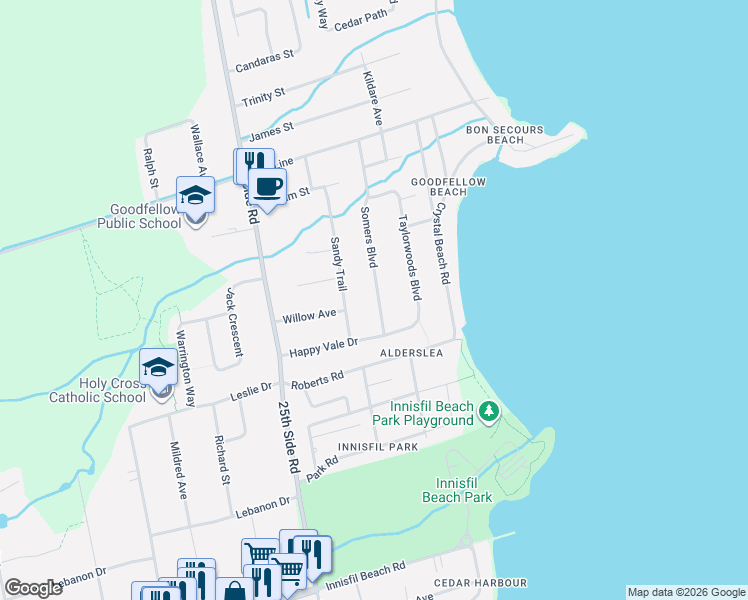 map of restaurants, bars, coffee shops, grocery stores, and more near 2286 Somers Boulevard in Innisfil