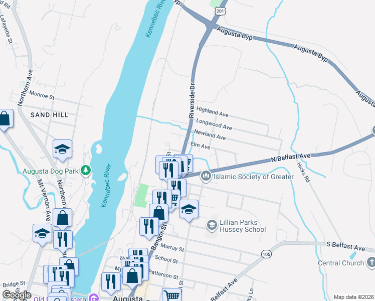 map of restaurants, bars, coffee shops, grocery stores, and more near 124 U.S. 201 in Augusta