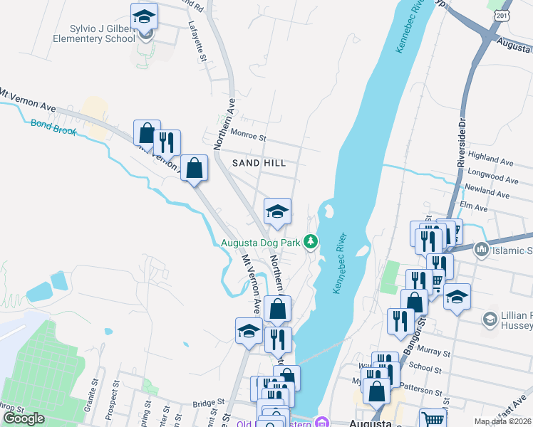 map of restaurants, bars, coffee shops, grocery stores, and more near 5 Kendall Street in Augusta