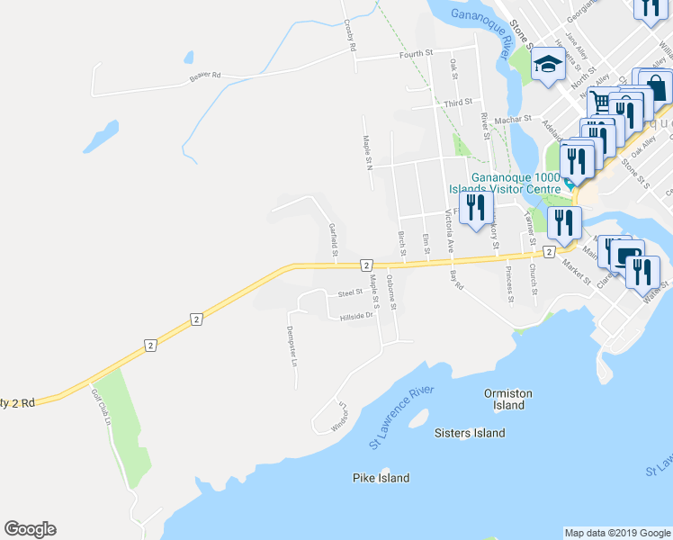 map of restaurants, bars, coffee shops, grocery stores, and more near 670 Steel Street in Gananoque