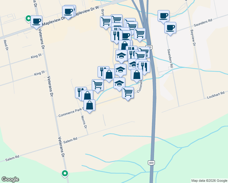 map of restaurants, bars, coffee shops, grocery stores, and more near 576 Bryne Drive in Barrie