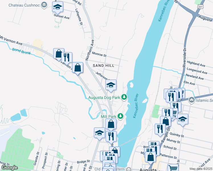 map of restaurants, bars, coffee shops, grocery stores, and more near 14 Kendall Street in Augusta