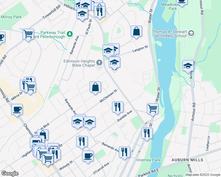 map of restaurants, bars, coffee shops, grocery stores, and more near 897 Elmdale Crescent in Peterborough