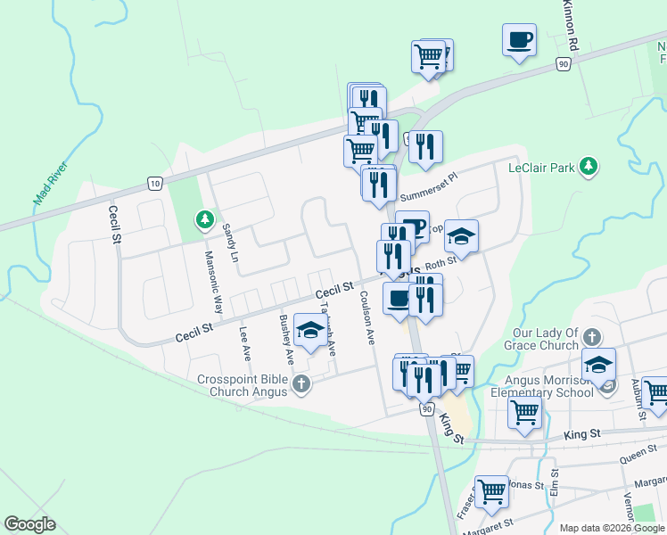 map of restaurants, bars, coffee shops, grocery stores, and more near 8 1st Street in Angus