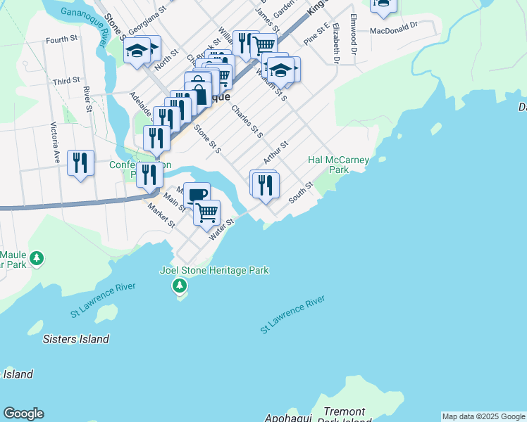 map of restaurants, bars, coffee shops, grocery stores, and more near 550 Stone Street South in Gananoque