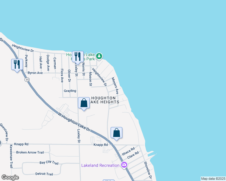 map of restaurants, bars, coffee shops, grocery stores, and more near Alfred in Houghton Lake