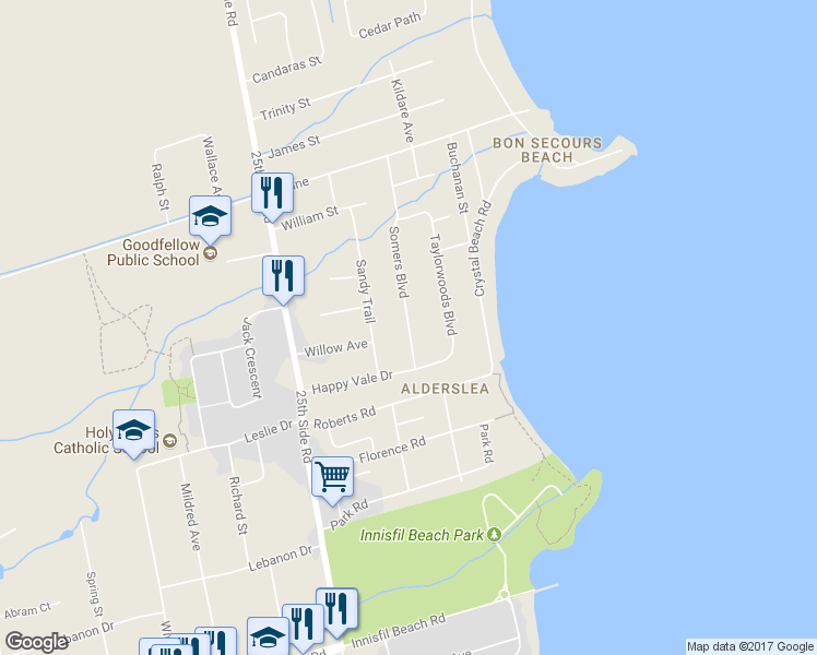 map of restaurants, bars, coffee shops, grocery stores, and more near 2286 Somers Boulevard in Innisfil