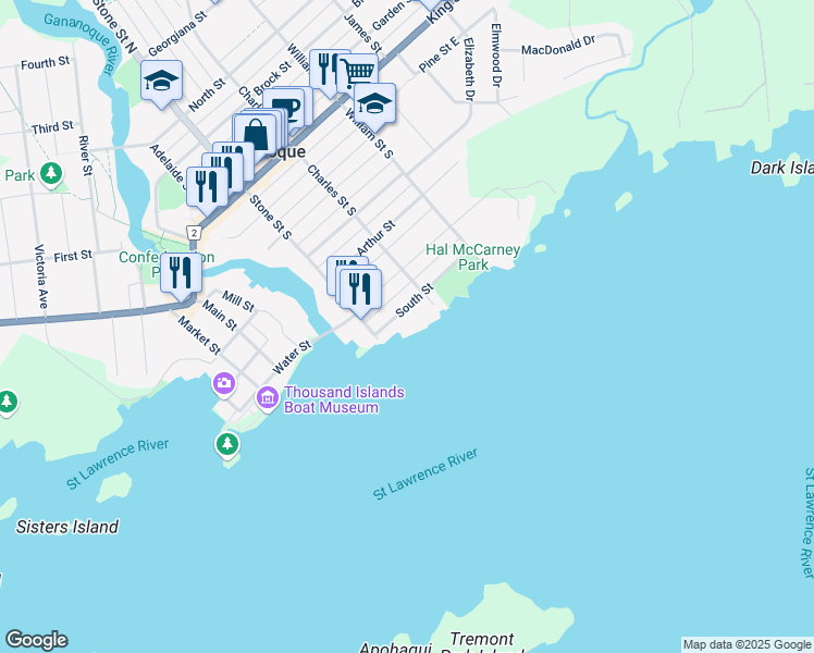 map of restaurants, bars, coffee shops, grocery stores, and more near 101 B South Street in Gananoque