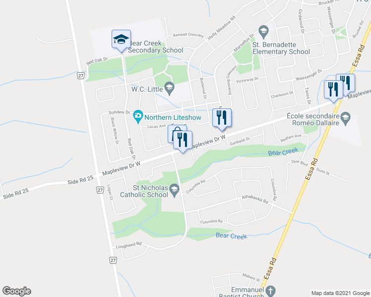 map of restaurants, bars, coffee shops, grocery stores, and more near 553 Mapleview Drive West in Barrie