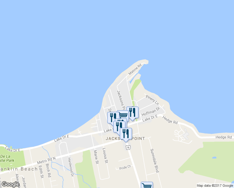 map of restaurants, bars, coffee shops, grocery stores, and more near 48 Jacksons Point Avenue in Georgina