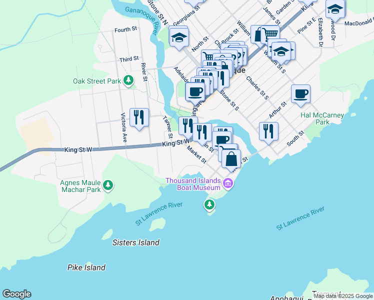 map of restaurants, bars, coffee shops, grocery stores, and more near 40 Market Street in Gananoque