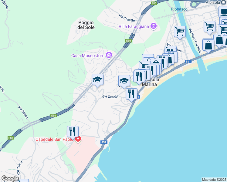 map of restaurants, bars, coffee shops, grocery stores, and more near 77 Via Gentile in Albissola Marina