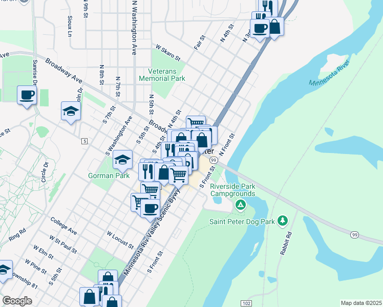 map of restaurants, bars, coffee shops, grocery stores, and more near 200 South Minnesota Avenue in Saint Peter