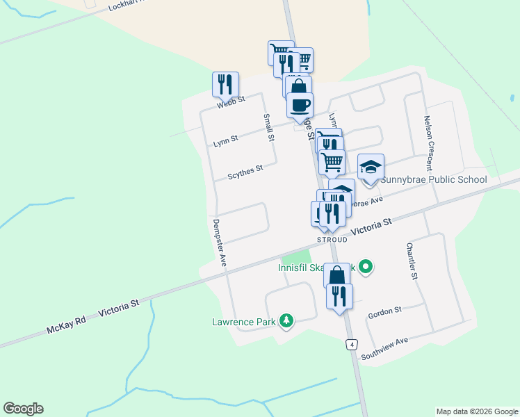map of restaurants, bars, coffee shops, grocery stores, and more near 2790 Shering Crescent in Innisfil