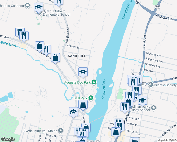 map of restaurants, bars, coffee shops, grocery stores, and more near 55 Washington Street in Augusta