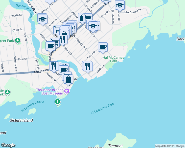 map of restaurants, bars, coffee shops, grocery stores, and more near 108 South Street in Gananoque