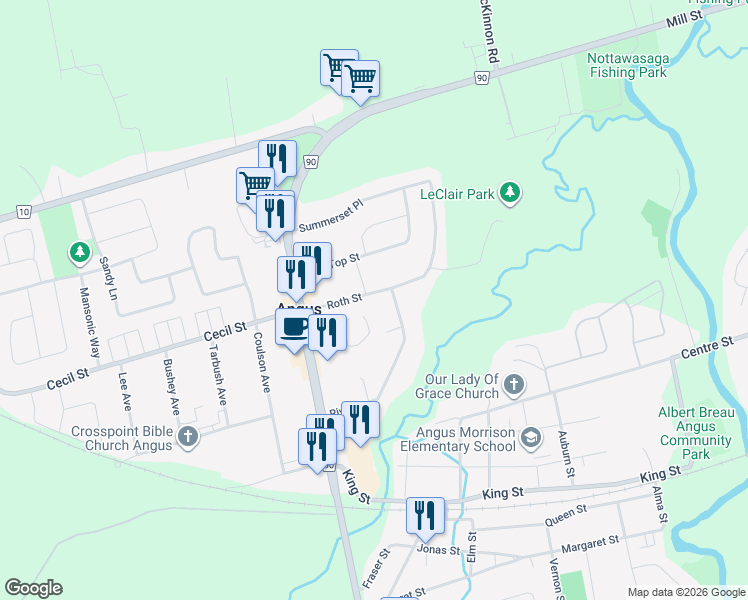 map of restaurants, bars, coffee shops, grocery stores, and more near 24 North Street in Angus