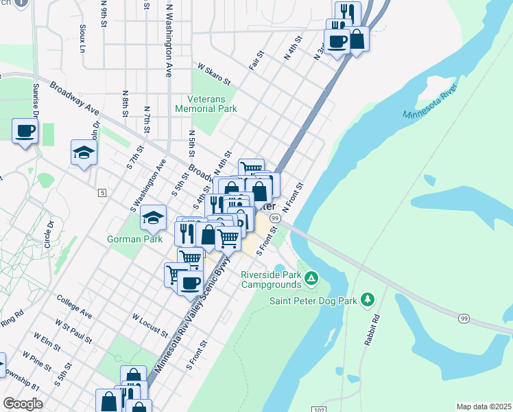 map of restaurants, bars, coffee shops, grocery stores, and more near in Saint Peter