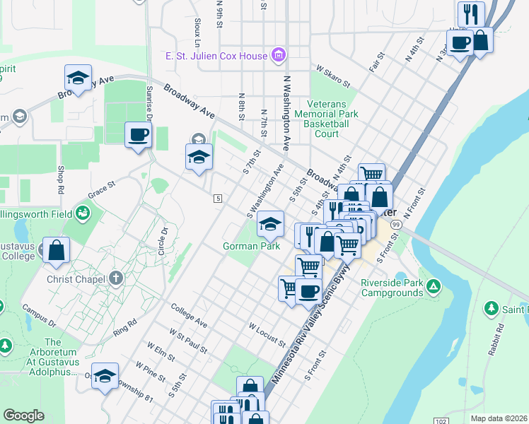 map of restaurants, bars, coffee shops, grocery stores, and more near 302 South Washington Avenue in Saint Peter