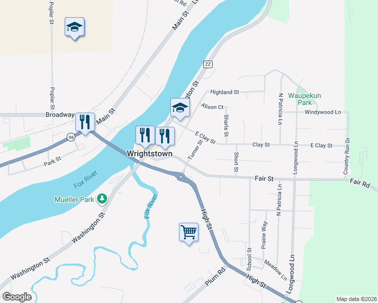 map of restaurants, bars, coffee shops, grocery stores, and more near 248 Clay Street in Wrightstown
