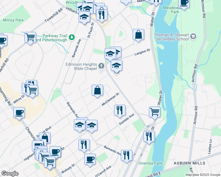 map of restaurants, bars, coffee shops, grocery stores, and more near Elmdale Crescent in Peterborough