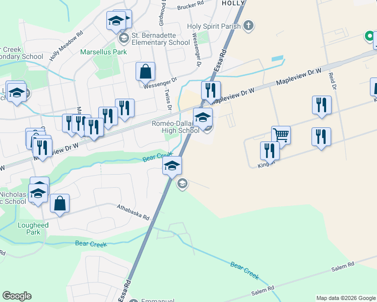 map of restaurants, bars, coffee shops, grocery stores, and more near 740 Essa Road in Barrie