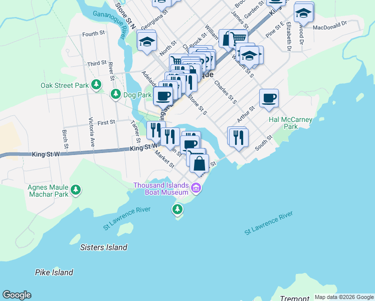 map of restaurants, bars, coffee shops, grocery stores, and more near 60 Mill Street in Gananoque