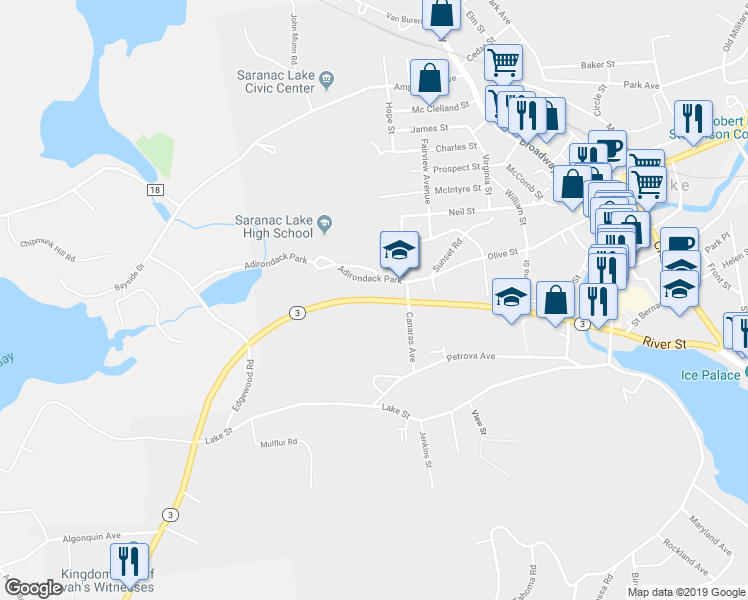 map of restaurants, bars, coffee shops, grocery stores, and more near George H Lapan Memorial Highway in Saranac Lake