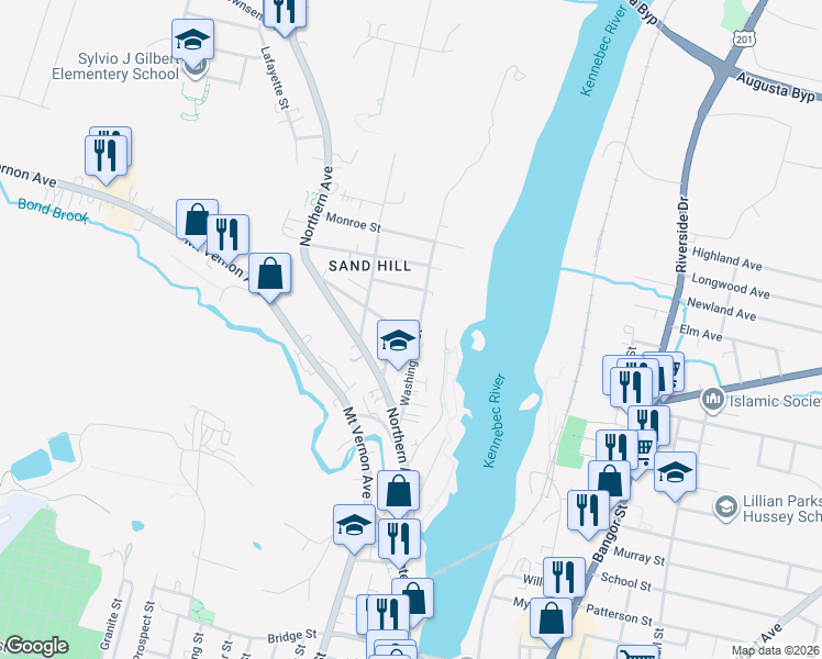 map of restaurants, bars, coffee shops, grocery stores, and more near 55 Washington Street in Augusta