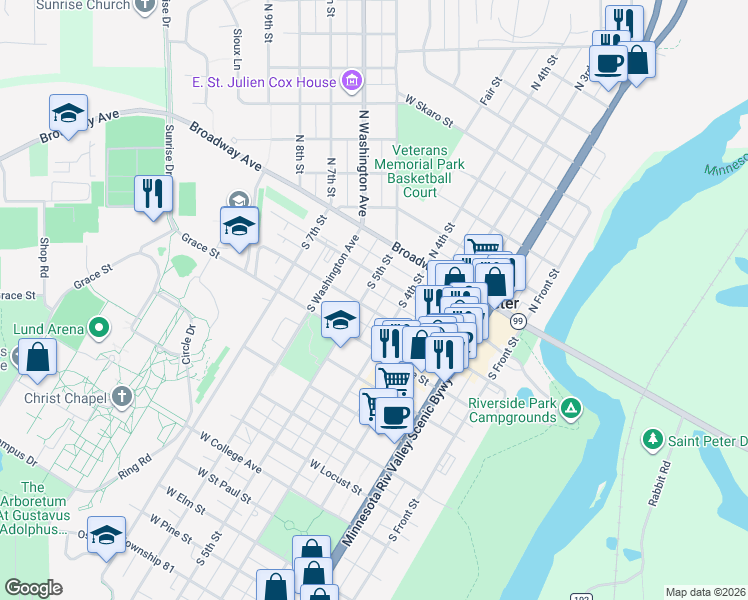 map of restaurants, bars, coffee shops, grocery stores, and more near 416 Park Row in Saint Peter