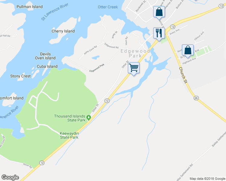 map of restaurants, bars, coffee shops, grocery stores, and more near 45477 Route 12 in Alexandria Bay