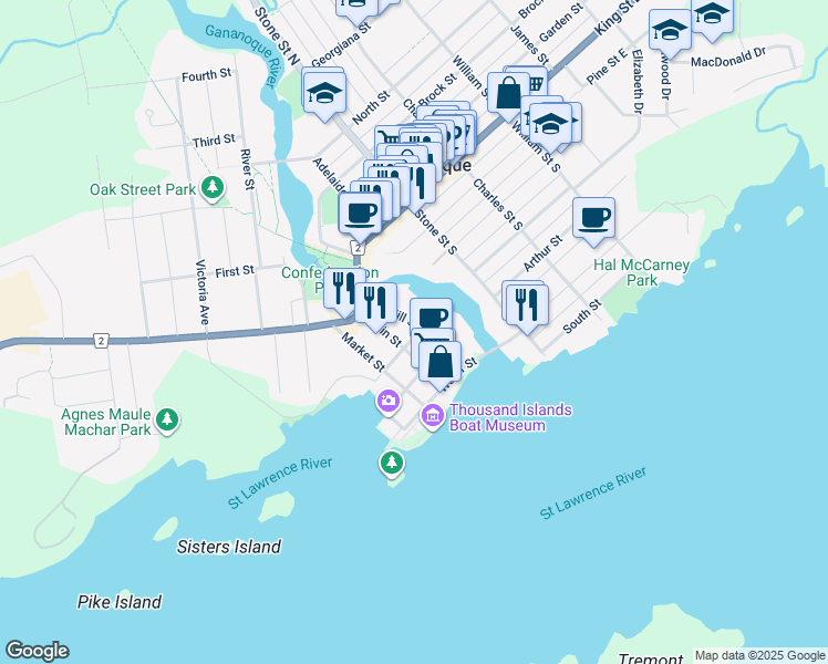 map of restaurants, bars, coffee shops, grocery stores, and more near in Gananoque