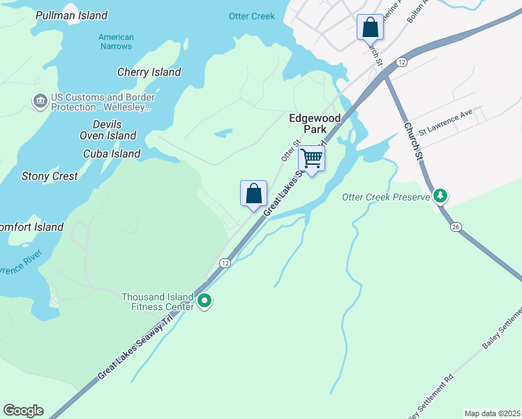 map of restaurants, bars, coffee shops, grocery stores, and more near 45611 Otter Street in Alexandria Bay