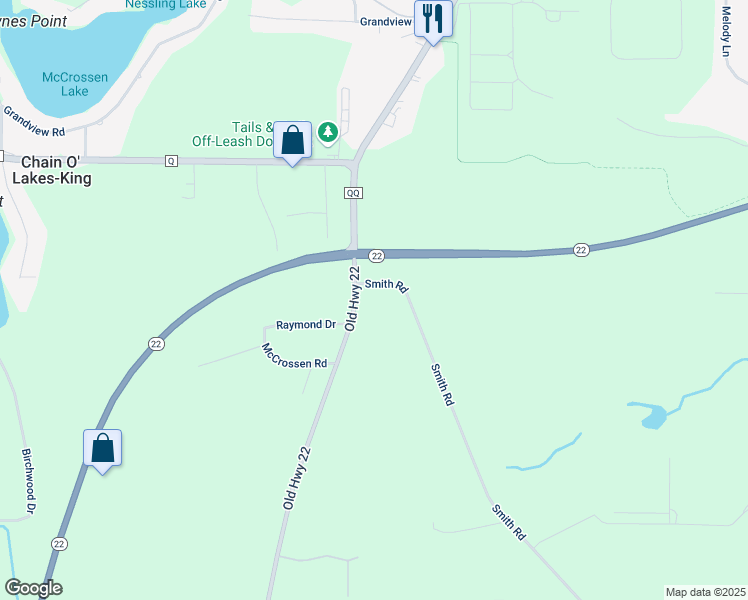map of restaurants, bars, coffee shops, grocery stores, and more near N2395 Smith Road in Waupaca