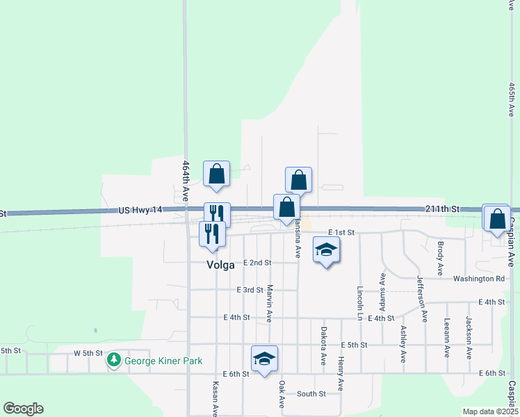 map of restaurants, bars, coffee shops, grocery stores, and more near 298 211th St in Volga