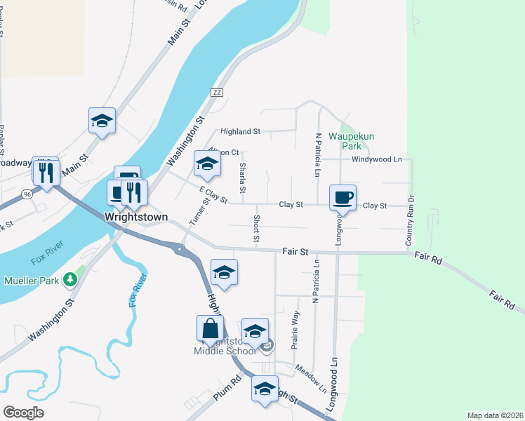 map of restaurants, bars, coffee shops, grocery stores, and more near 355 Clay Street in Wrightstown