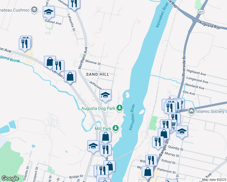 map of restaurants, bars, coffee shops, grocery stores, and more near 55 Washington Street in Augusta