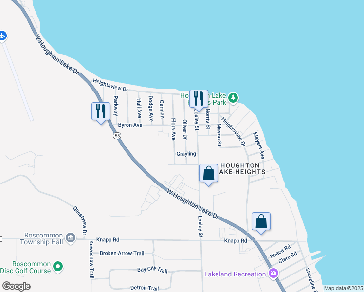 map of restaurants, bars, coffee shops, grocery stores, and more near 201-223 Oliver Drive in Roscommon Township