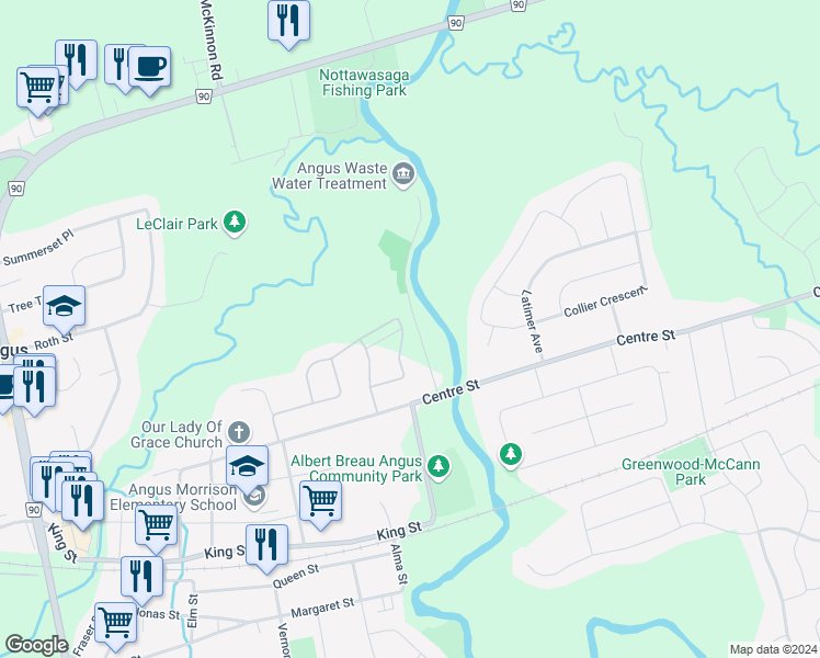 map of restaurants, bars, coffee shops, grocery stores, and more near 84 Wood Crescent in Angus