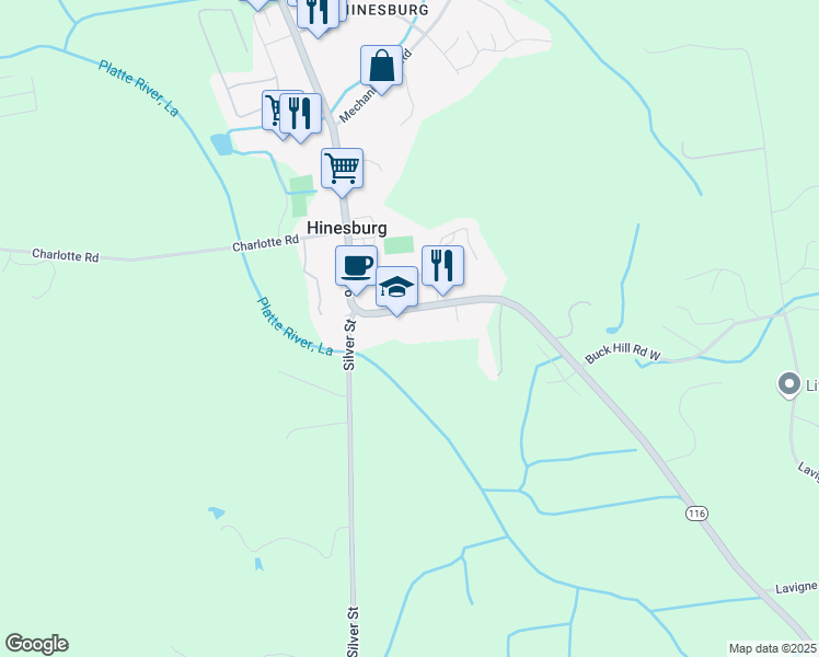 map of restaurants, bars, coffee shops, grocery stores, and more near 10888 Vermont 116 in Hinesburg