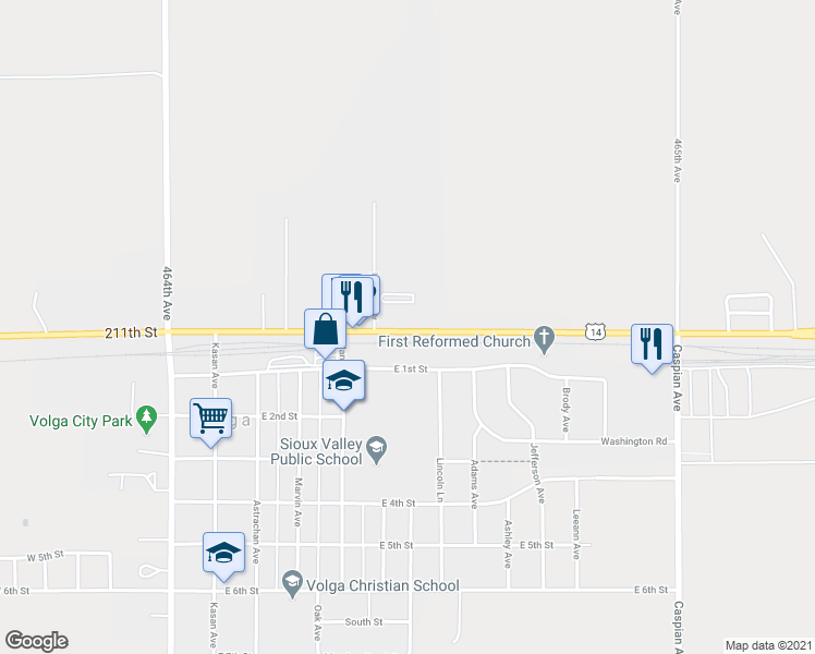 map of restaurants, bars, coffee shops, grocery stores, and more near 426 211th Street in Volga