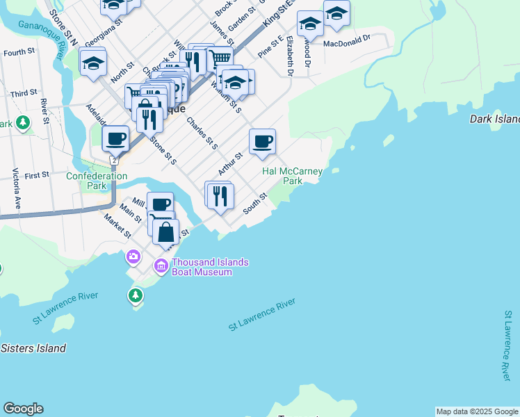 map of restaurants, bars, coffee shops, grocery stores, and more near 185 South Street in Gananoque