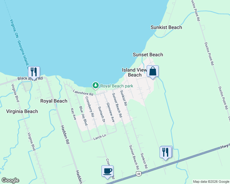 map of restaurants, bars, coffee shops, grocery stores, and more near 4 Burnie Road in Georgina