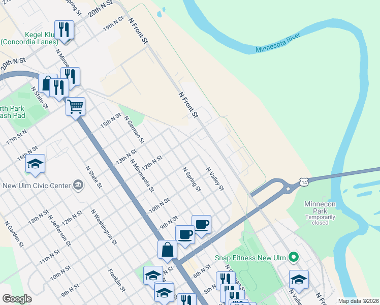 map of restaurants, bars, coffee shops, grocery stores, and more near 1117 North Valley Street in New Ulm