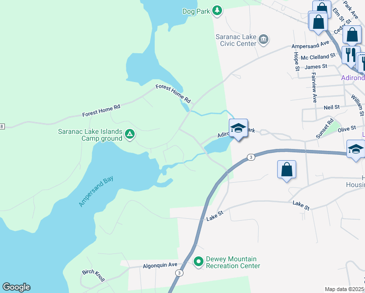 map of restaurants, bars, coffee shops, grocery stores, and more near 10 Bayside Drive in Saranac Lake