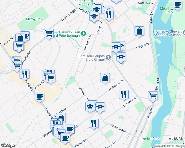 map of restaurants, bars, coffee shops, grocery stores, and more near 235 Herbert Street in Peterborough